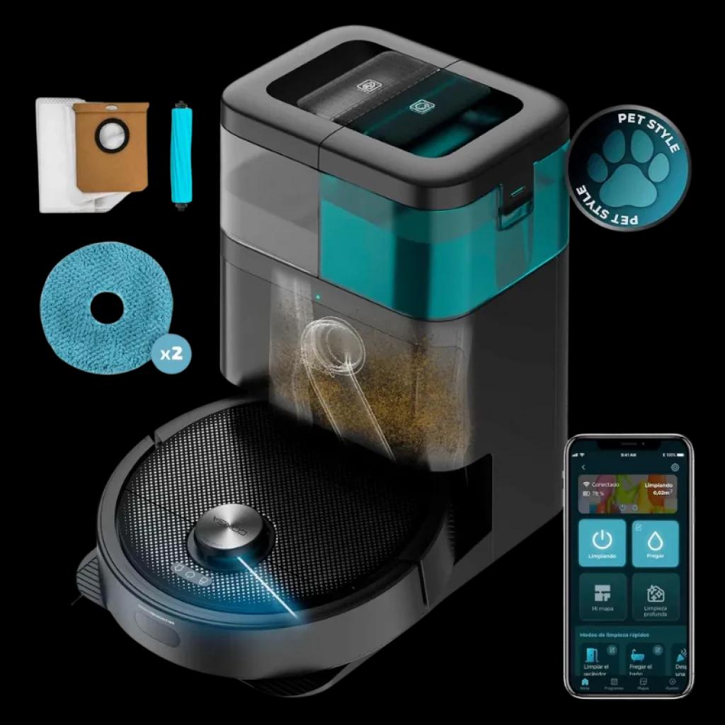 Cecotec Conga 15090 SpinArm con base de autovaciado, depósito visible, cepillo lateral, bolsa de polvo, mopa x2 y control por app