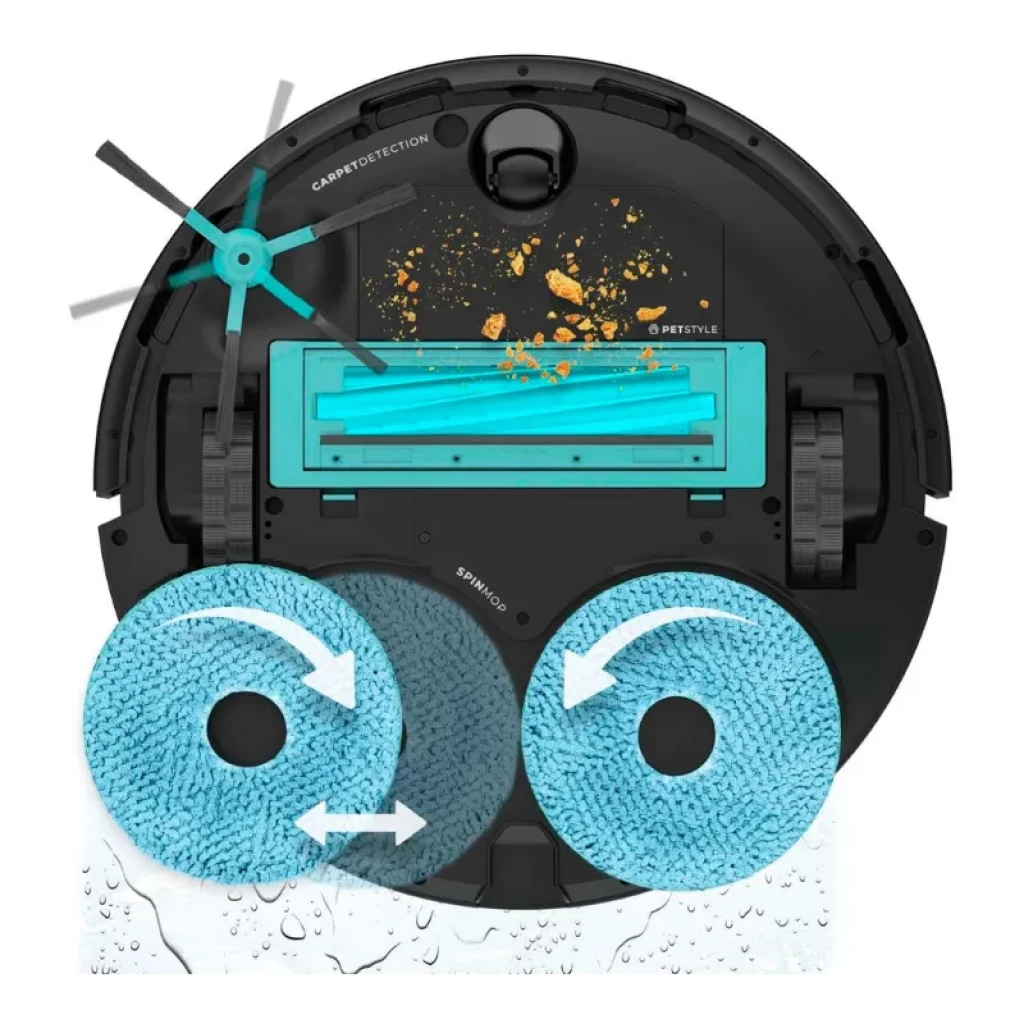 Base inferior del robot con cepillo central turquesa, hélice lateral y dos mopas giratorias azules para fregado; succión de migas y salpicaduras de agua