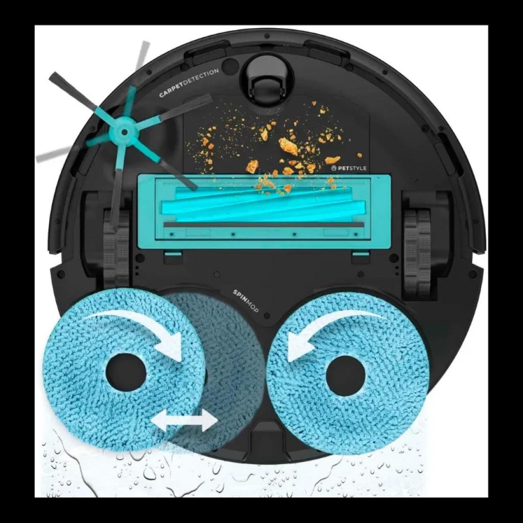 Base inferior del robot con cepillo central turquesa, hélice lateral y dos mopas giratorias azules para fregado; succión de migas y salpicaduras de agua