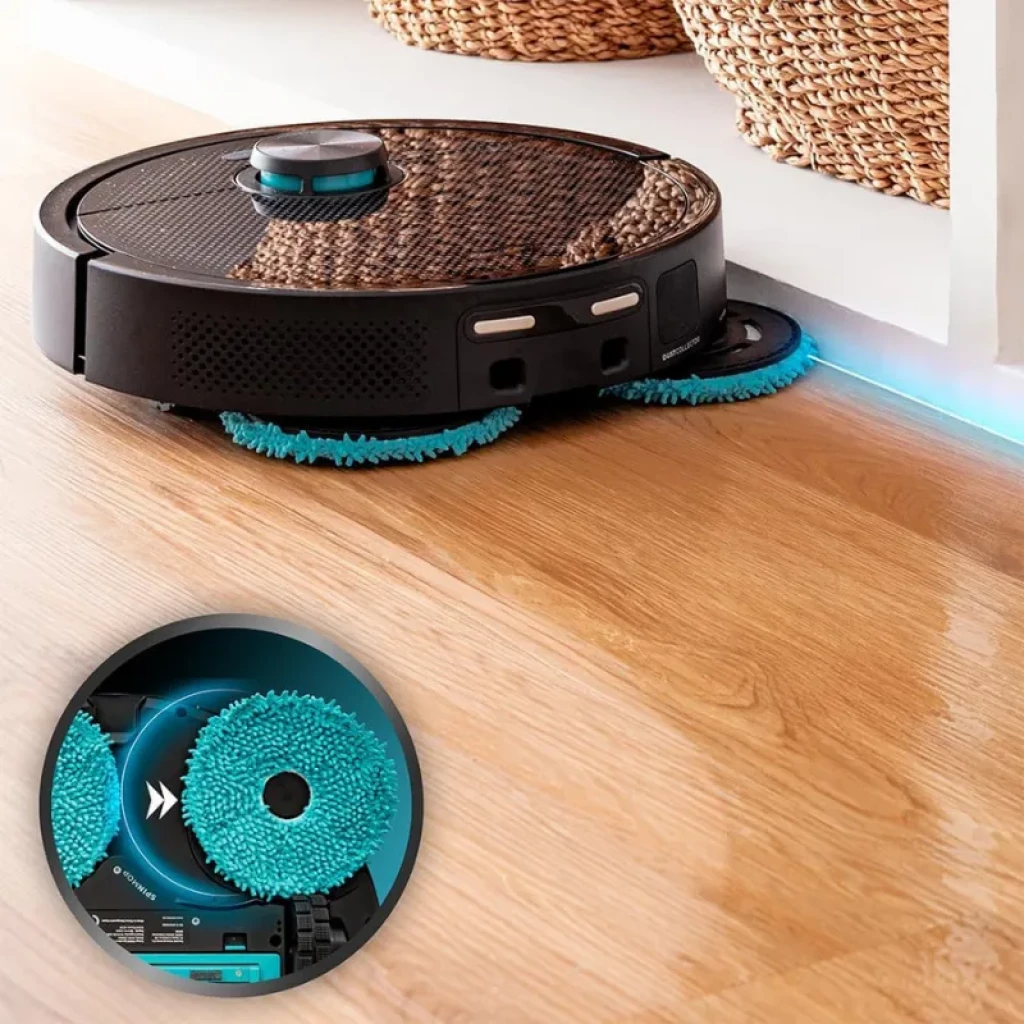 Cecotec Conga 15090 SpinArm robot aspirador con mopas giratorias azules, módulo lateral para esquinas y base de vaciado automático, ideal para zócalos