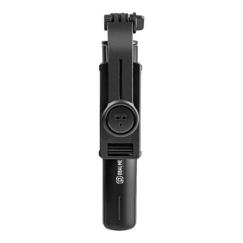 OBAL:ME SelfiePod Gimbal Tripod com comando remoto, corpo preto dobrável, encaixe para smartphone e botão central, design compacto para transporte