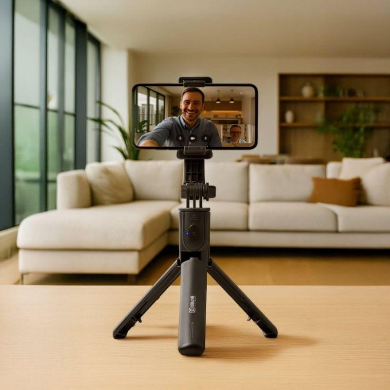 OBAL:ME SelfiePod Gimbal Tripod com comando remoto, tripé dobrável preto, suporte para smartphone, gimbal estável e controle por botão no cabo