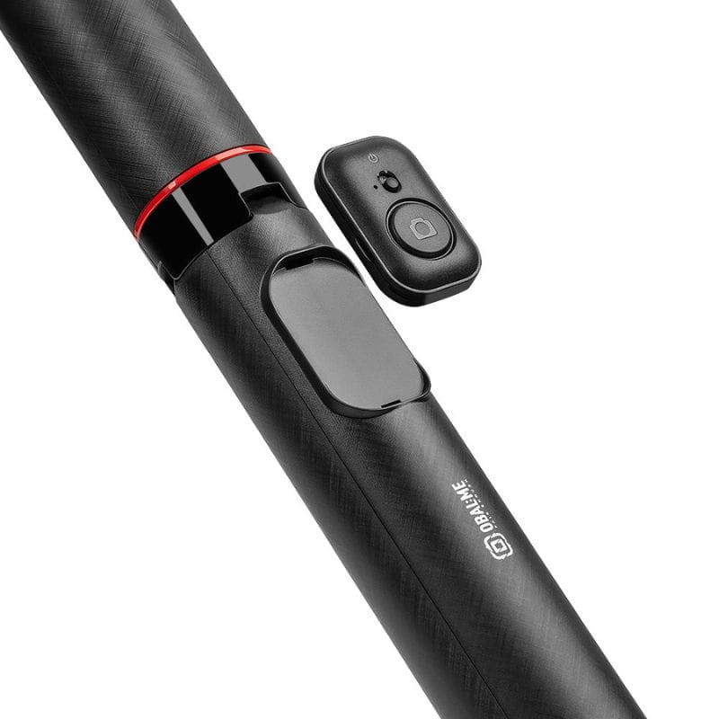 OBAL:ME SelfiePod High Glow Gimbal Tripod con cuerpo negro texturizado, anillo rojo, luz LED integrada y mando a distancia inalámbrico desmontable