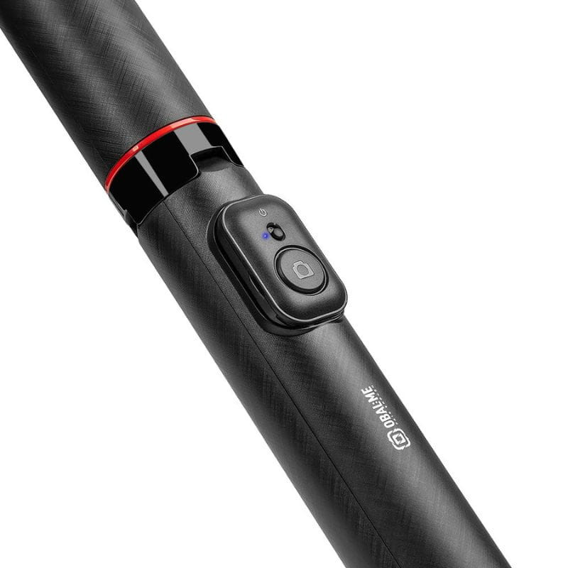 OBAL:ME SelfiePod High Glow Gimbal Tripod con cuerpo negro texturizado, anillo rojo, botón de encendido y mando Bluetooth desmontable con indicador LED