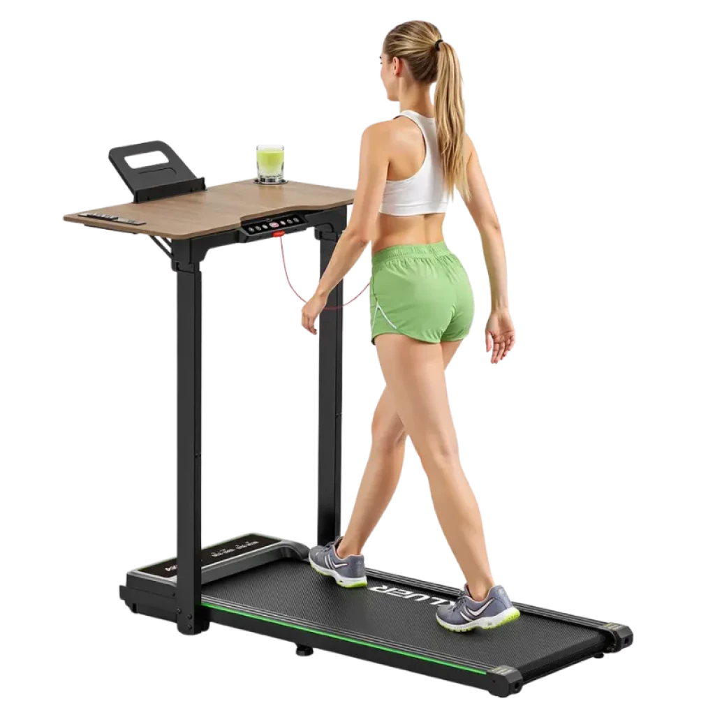 Akluer P3-D Escritorio con altura ajustable y cinta de correr compacta; tablero de madera con soporte para tablet y bebida