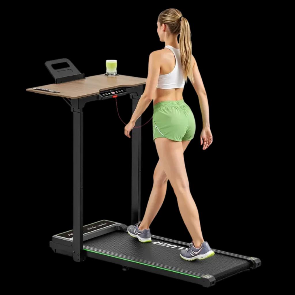 Akluer P3-D Escritorio con altura ajustable y cinta de correr compacta; tablero de madera con soporte para tablet y bebida