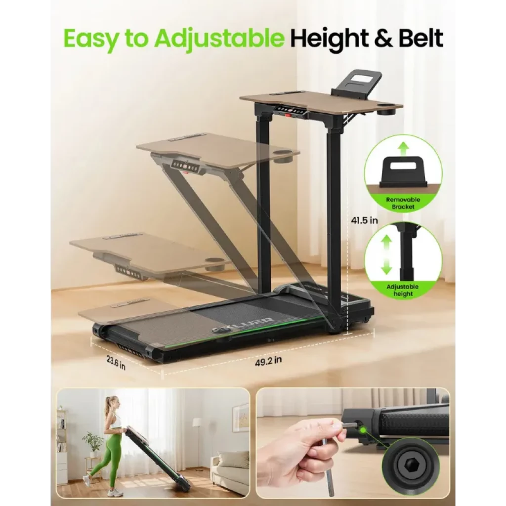 Akluer P3-D escritorio con altura ajustable sobre cinta de correr, soporte desmontable, ruedas para mover, banda con indicador verde y panel superior amplio