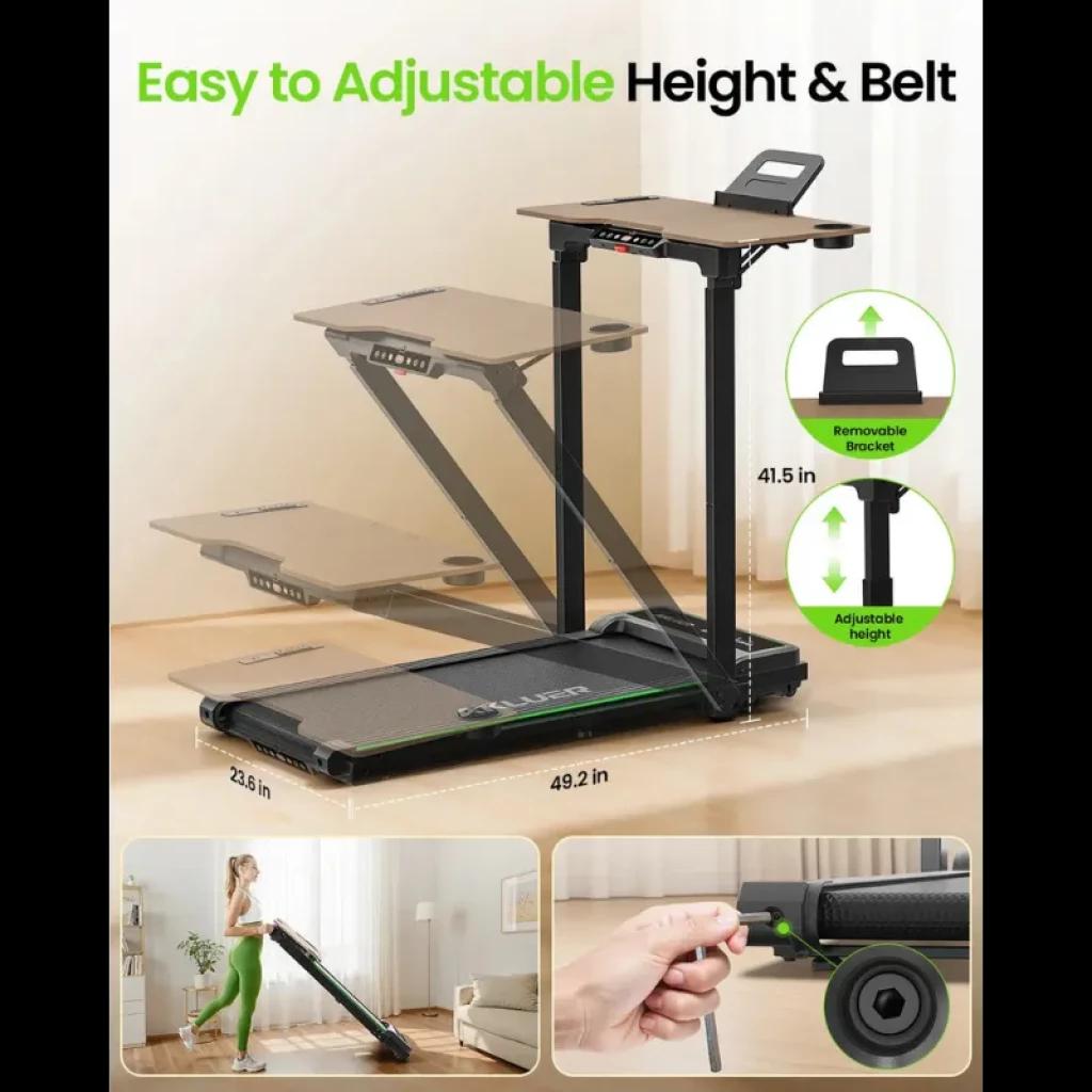 Akluer P3-D escritorio con altura ajustable sobre cinta de correr, soporte desmontable, ruedas para mover, banda con indicador verde y panel superior amplio