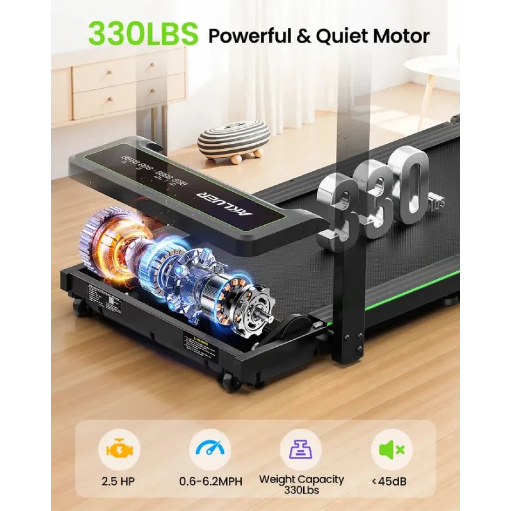 Cinta de correr compacta con motor potente y silencioso 2.5 HP, velocidad 0.6–6.2 mph, banda con franjas verdes y capacidad 330 lb