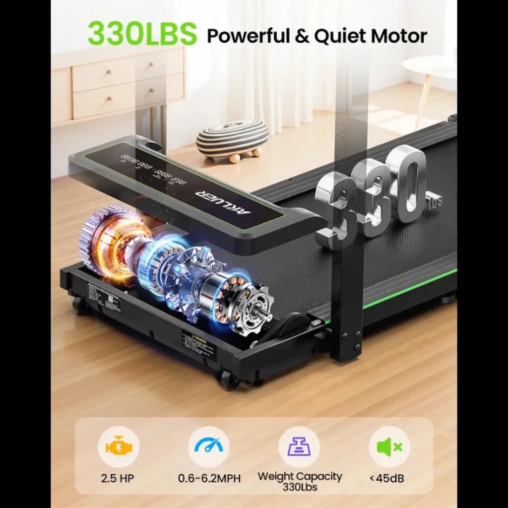 Cinta de correr compacta con motor potente y silencioso 2.5 HP, velocidad 0.6–6.2 mph, banda con franjas verdes y capacidad 330 lb