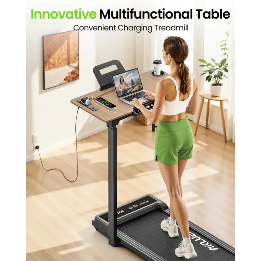 Akluer P3-D Escritorio con altura ajustable y soporte para tablet, superficie con carga inalámbrica sobre cinta de correr compacta para trabajar caminando