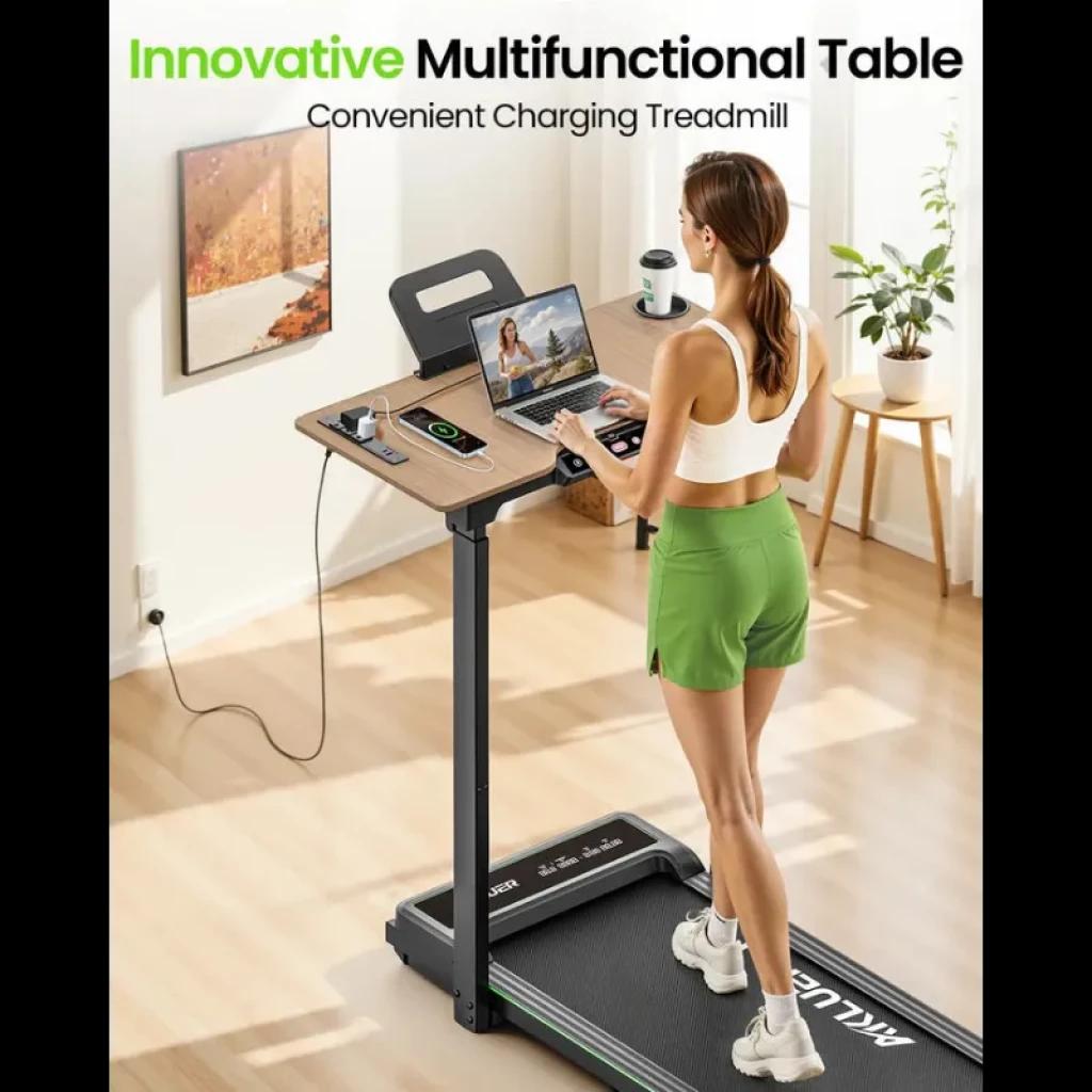 Akluer P3-D Escritorio con altura ajustable y soporte para tablet, superficie con carga inalámbrica sobre cinta de correr compacta para trabajar caminando