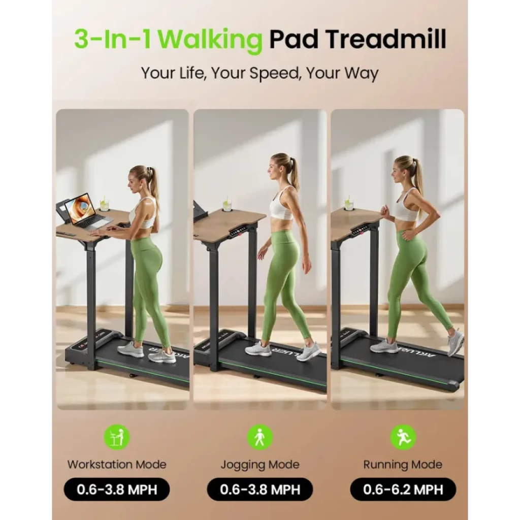 Akluer P3-D Escritorio con altura ajustable y cinta de correr 3 en 1; modos caminar, trotar y correr, panel con soporte para portátil y baranda lateral
