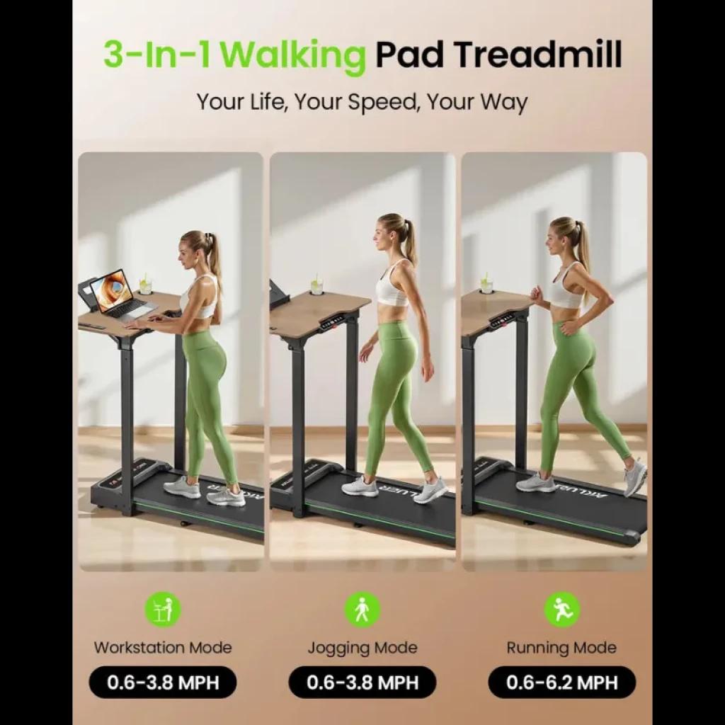 Akluer P3-D Escritorio con altura ajustable y cinta de correr 3 en 1; modos caminar, trotar y correr, panel con soporte para portátil y baranda lateral