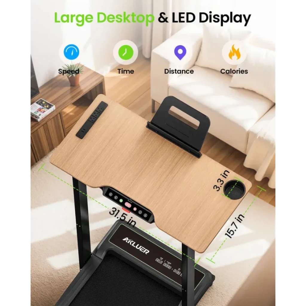 Escritorio de madera 31.5x15.7 in con soporte para tablet, puerto USB, orificio para cables y panel LED de velocidad, tiempo, distancia y calorías para cinta