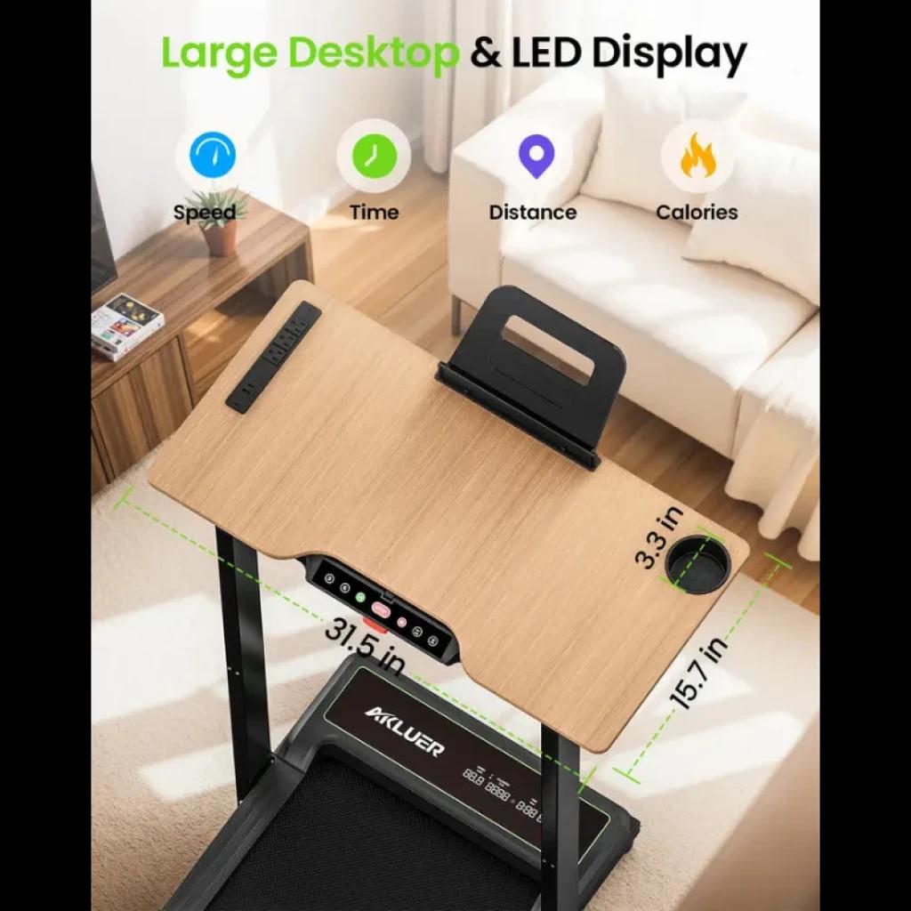 Escritorio de madera 31.5x15.7 in con soporte para tablet, puerto USB, orificio para cables y panel LED de velocidad, tiempo, distancia y calorías para cinta