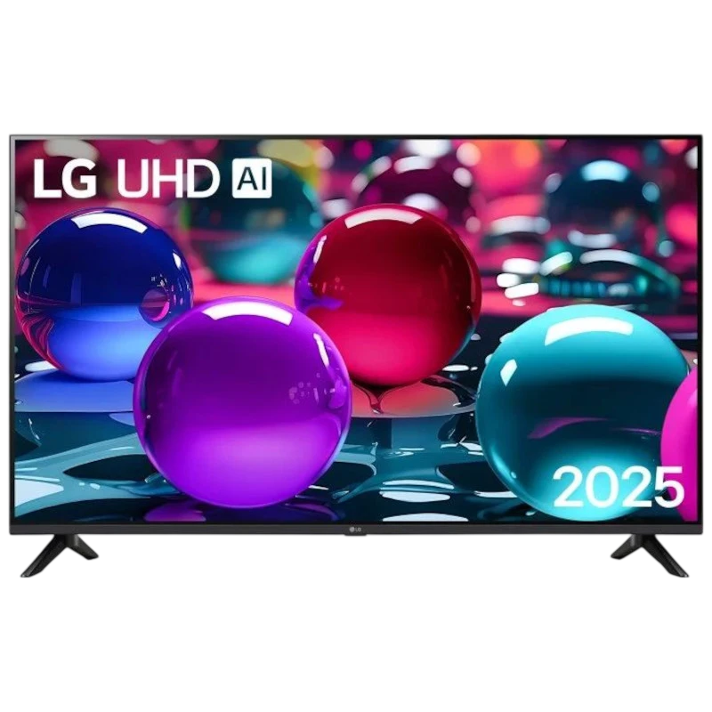 LG AI 50UA73006LA téléviseur 50 pouces 4K UHD LED noir, cadre fin, pieds écartés, écran vif aux couleurs éclatantes, marquage 2025 en façade