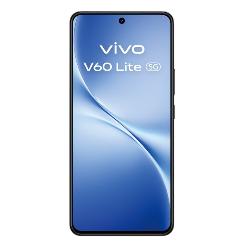 Smartphone Vivo V60 Lite 5G negro con pantalla completa, cámara frontal en orificio central. Incluye auriculares Buds y cargador rápido 90W.