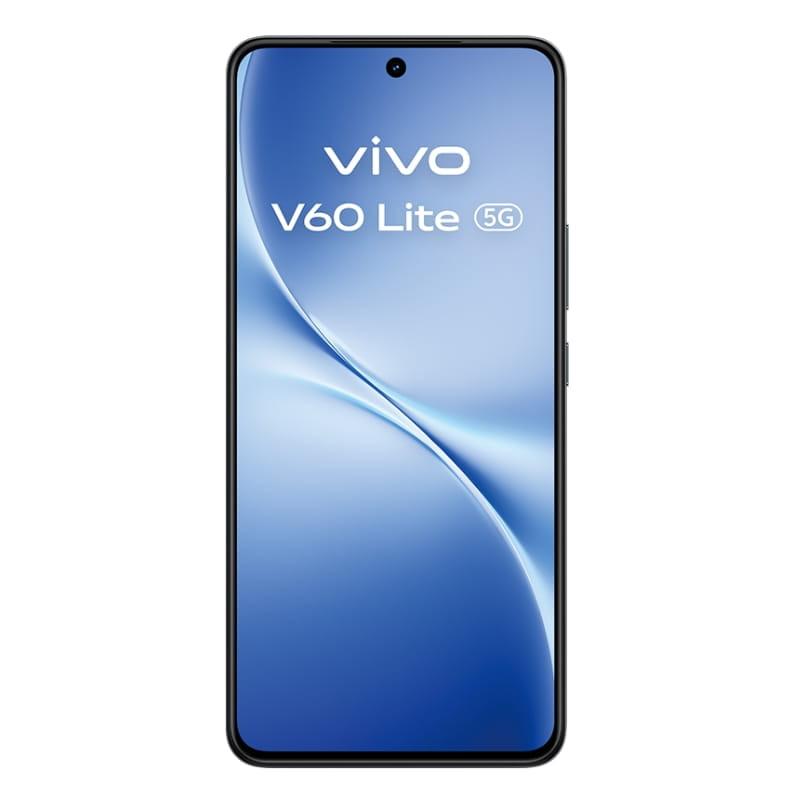 Smartphone Vivo V60 Lite 5G negro con pantalla completa, cámara frontal en orificio central. Incluye auriculares Buds y cargador rápido 90W.