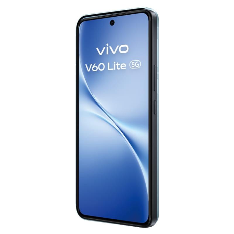 Smartphone Vivo V60 Lite 5G negro con pantalla casi sin bordes, cámara frontal en perforación central y botones laterales visibles