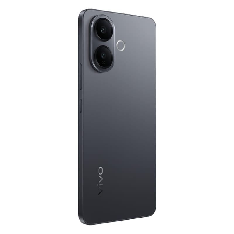 Vivo V60 Lite 5G negro con doble cámara trasera en módulos circulares, acabado mate, bordes rectos, logo vivo vertical y flash LED discreto