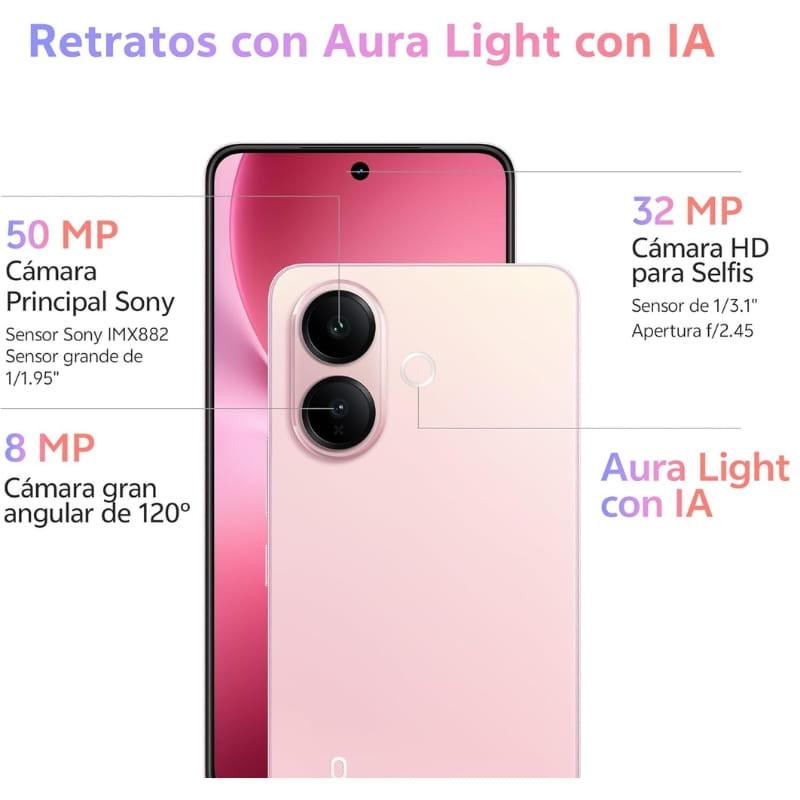 Vivo V60 Lite 5G rosa com tela perfurada, módulo traseiro duplo grande, câmeras 50 MP e 8 MP, selfie 32 MP central, acabamento degradê elegante