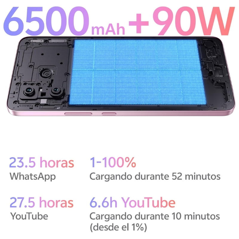 Vivo V60 Lite 5G 12GB/512GB Rosa com bateria 6500 mAh e carregamento 90W, estrutura interna visível, módulo de câmera dupla e tela grande azul destacada