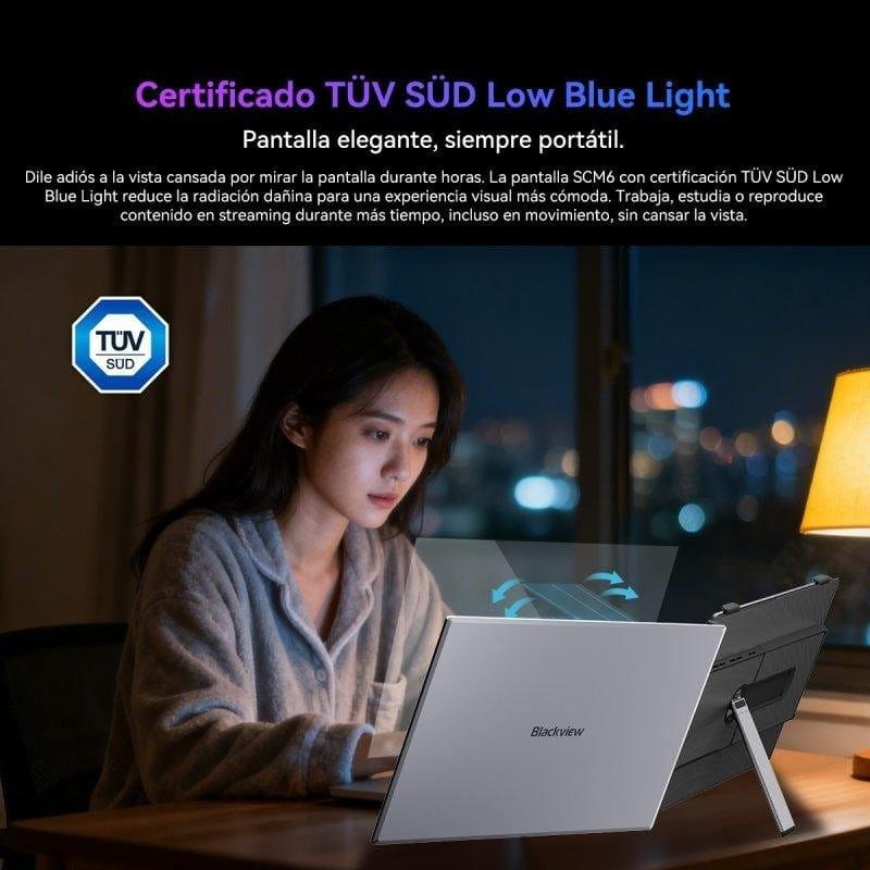 Blackview SCM6 14 FHD IPS, monitor portátil con soporte ajustable, carcasa gris y biseles finos, ideal para trabajo y streaming con baja luz azul certificada