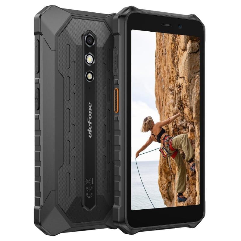 Ulefone RugKing 2 Pro noir robuste, coque antichoc texturée, écran large, double caméra arrière verticale, bouton latéral orange, 4Go RAM 128Go stockage