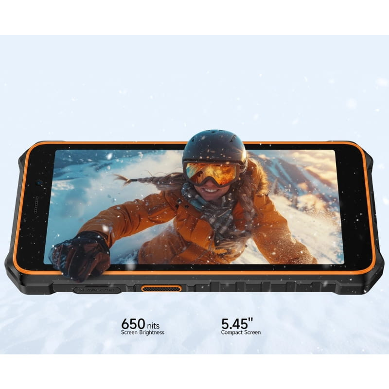 Ulefone RugKing 2 Pro 4Go/128Go Noir, smartphone robuste noir bordures orange, écran 5,45 pouces compact, 650 nits, design antichoc pour usage extérieur