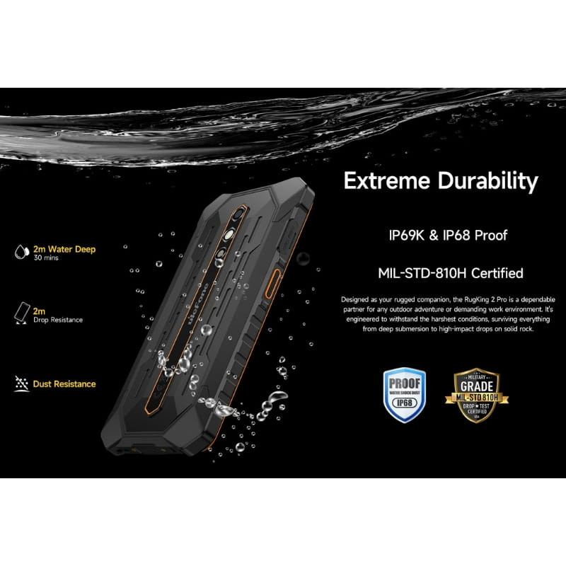 Ulefone RugKing 2 Pro vert robuste, coques renforcées, étanchéité IP69K IP68, certification MIL-STD-810H, résiste aux chutes 2 m et à l’eau jusqu’à