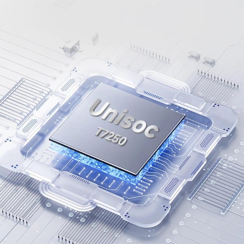 Puce Unisoc T7250 mise en avant sur circuit translucide, design argenté futuriste avec effets lumineux bleus, symbole de performance du Ulefone RugKing 2 Pro