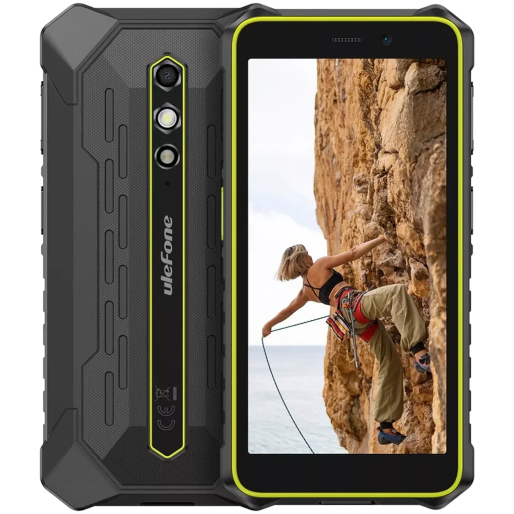 Smartphone resistente Ulefone RugKing 2 Pro verde y negro, bordes reforzados, doble cámara trasera vertical, pantalla con bisel amarillo y diseño robusto
