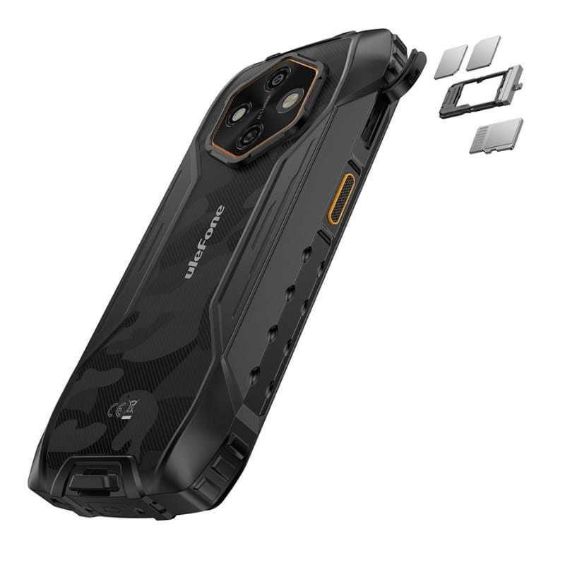Ulefone RugKing 4 Pro 8Go/256Go Noir robuste, coque antichoc, triple caméra arrière, bouton latéral orange, ports scellés, tiroir SIM avec emplacements