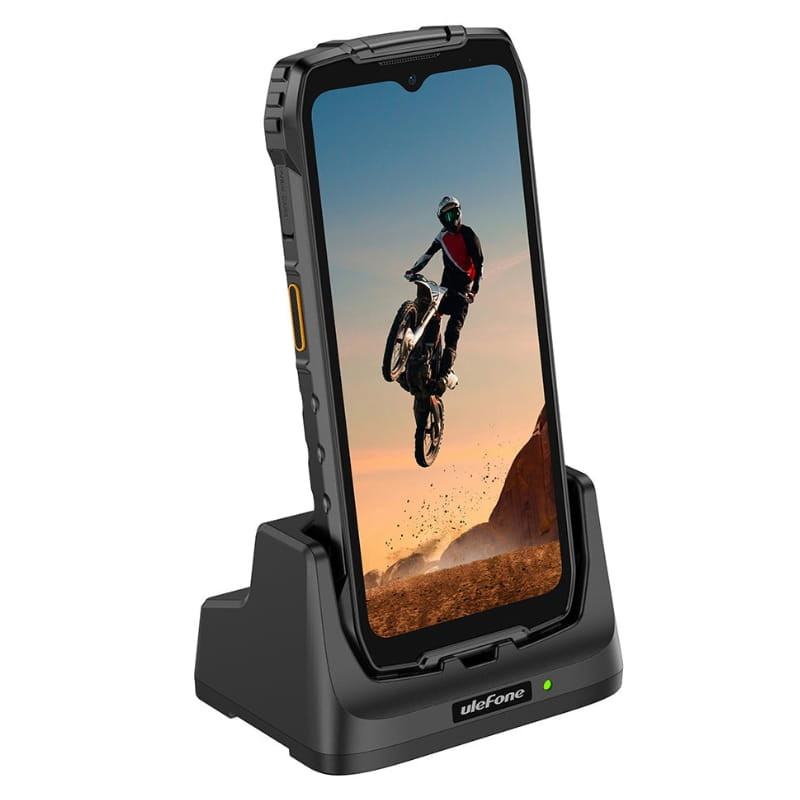 Ulefone RugKing 4 Pro 8Go/256Go Noir sur station d’accueil robuste, écran large avec encoche goutte, bords renforcés, bouton latéral doré, design antichoc