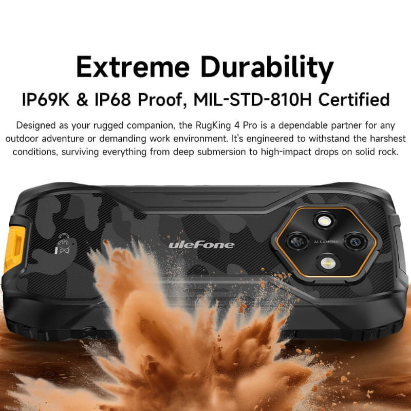 Ulefone RugKing 4 Pro 8Go/256Go Noir avec coque robuste camouflage, certification IP69K IP68 MIL-STD-810H, triple caméra arrière et protection antichoc