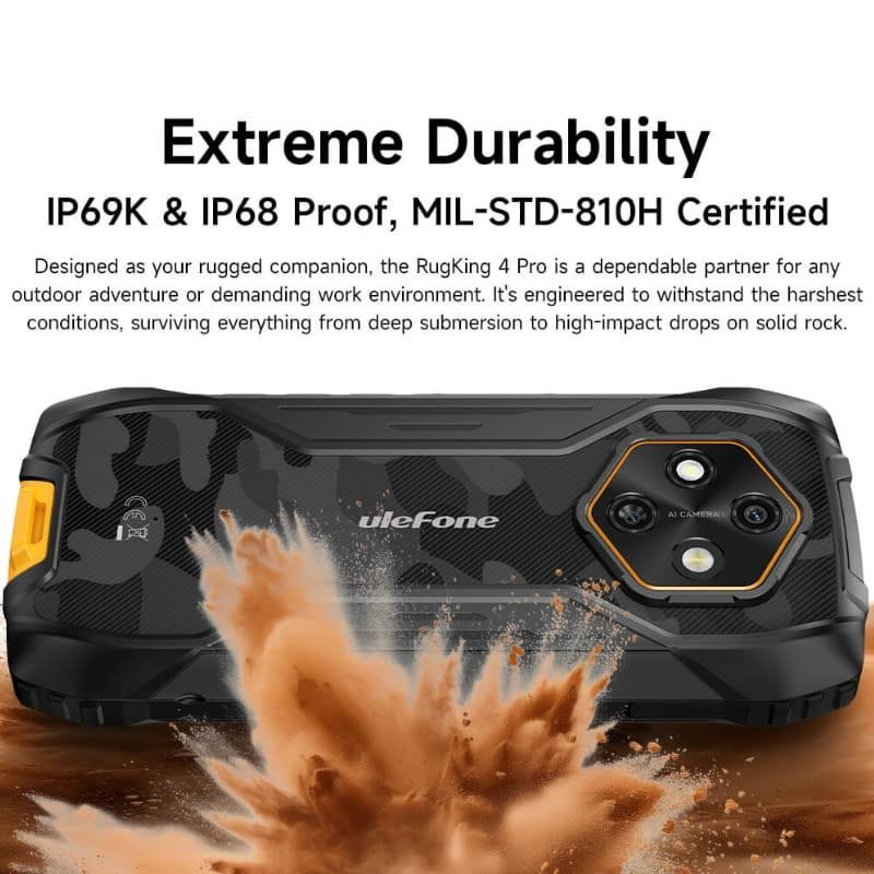 Ulefone RugKing 4 Pro 8Go/256Go Noir avec coque robuste camouflage, certification IP69K IP68 MIL-STD-810H, triple caméra arrière et protection antichoc