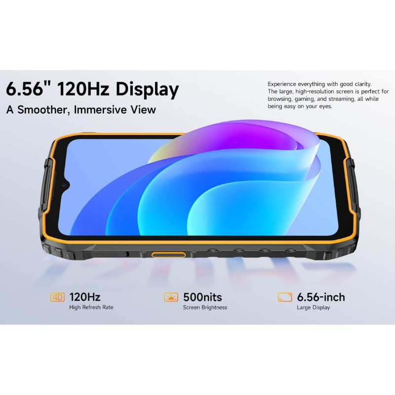 Ulefone RugKing 4 Pro 8Go/256Go Noir avec écran 6,56 pouces 120 Hz, luminosité 500 nits, bords robustes orange et noir, affichage immersif et résistant