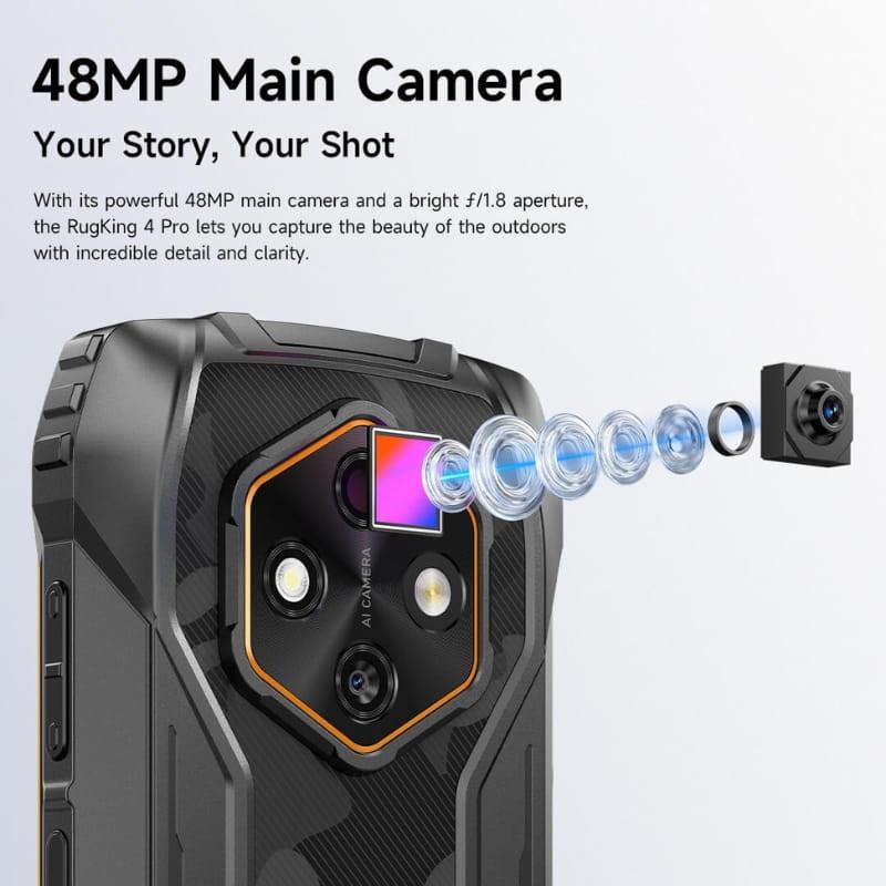 Ulefone RugKing 4 Pro 8Go/256Go Noir avec coque robuste, module caméra 48 MP mis en avant, lentilles superposées, accents orange et texture antidérapante