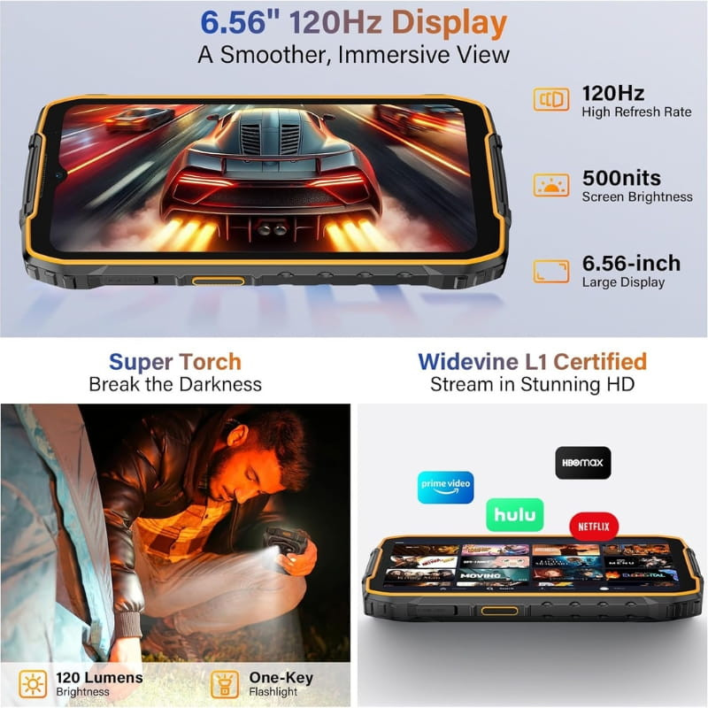 Ulefone RugKing 4 Pro 8Go/256Go Orange, écran 6,56 pouces 120 Hz bord orange, torche 120 lumens bouton dédié, certifié Widevine L1 pour streaming HD