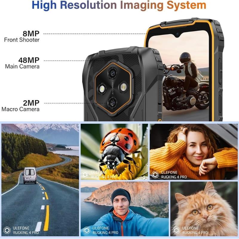 Ulefone RugKing 4 Pro 8Go/256Go Orange, smartphone robuste noir et orange, écran avec encoche, triple caméra arrière 48MP avec flash, bords antichoc