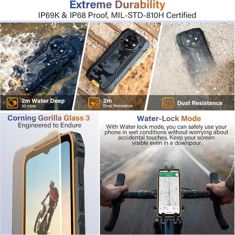 Ulefone RugKing 4 Pro 8Go/256Go Orange robuste IP69K/IP68, MIL-STD-810H, étanche 2 m, chute 2 m, écran Gorilla Glass 3, mode Water-Lock, coque camo antichoc