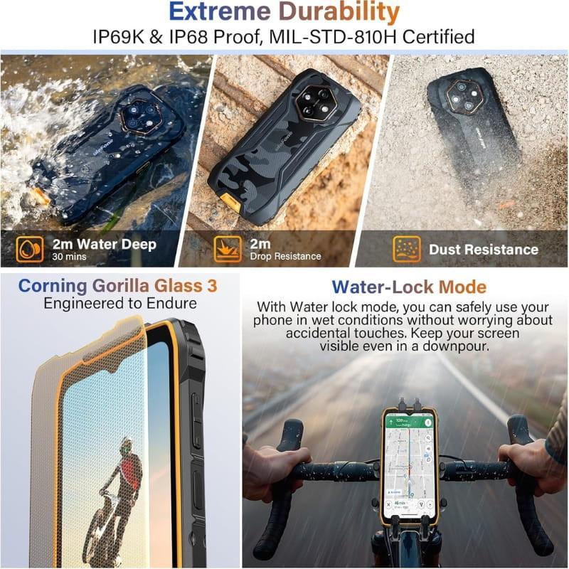 Ulefone RugKing 4 Pro 8Go/256Go Orange robuste IP69K/IP68, MIL-STD-810H, étanche 2 m, chute 2 m, écran Gorilla Glass 3, mode Water-Lock, coque camo antichoc