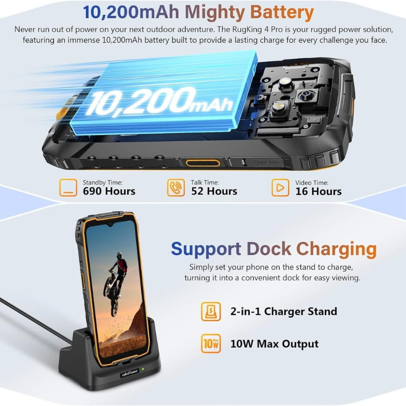 Ulefone RugKing 4 Pro Orange robuste avec batterie 10200 mAh, écran avec encoche, dock de charge 2‑en‑1, sortie 10 W, 8 Go RAM et 256 Go stockage