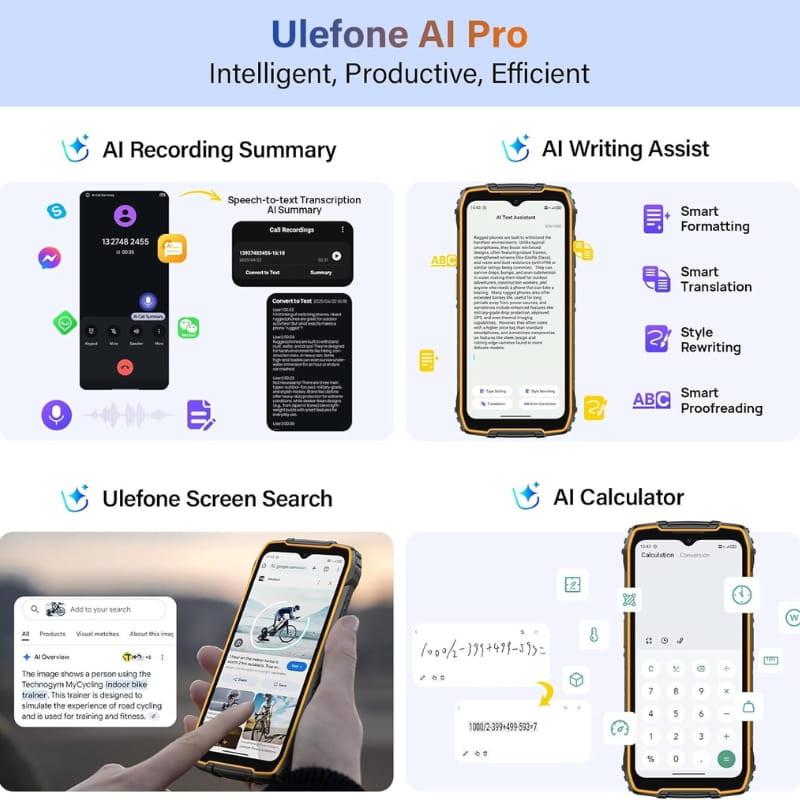 Ulefone RugKing 4 Pro 8Go/256Go Orange avec bords renforcés, écran robuste, fonctions IA: résumé audio, aide à l’écriture, recherche écran et