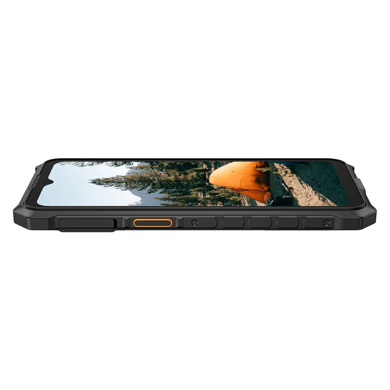 Ulefone RugKing 3 Pro 8Go/128Go Noir vu de côté, coque robuste noire avec bords renforcés, boutons latéraux texturés et accent orange, écran affichant