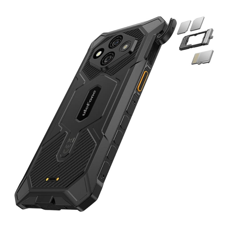 Ulefone RugKing 3 Pro noir robuste avec coque texturée, triple caméra arrière, bouton latéral orange, connecteurs pogo et tiroirs SIM et microSD amovibles