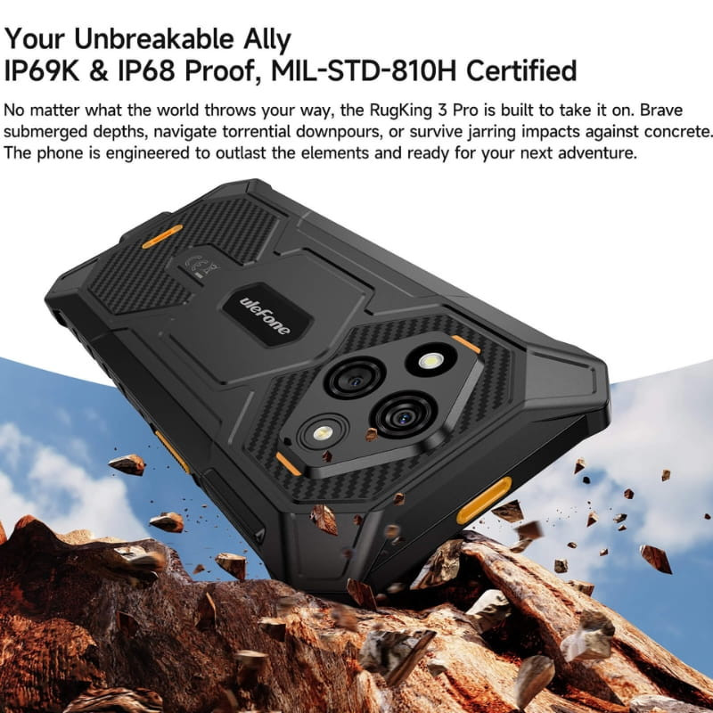Ulefone RugKing 3 Pro 8Go/128Go Noir, coque robuste noire, triple caméra arrière, finitions carbone, accents orange, certification IP69K IP68 et MIL-STD-810H