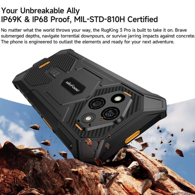 Ulefone RugKing 3 Pro 8Go/128Go Noir, coque robuste noire, triple caméra arrière, finitions carbone, accents orange, certification IP69K IP68 et MIL-STD-810H