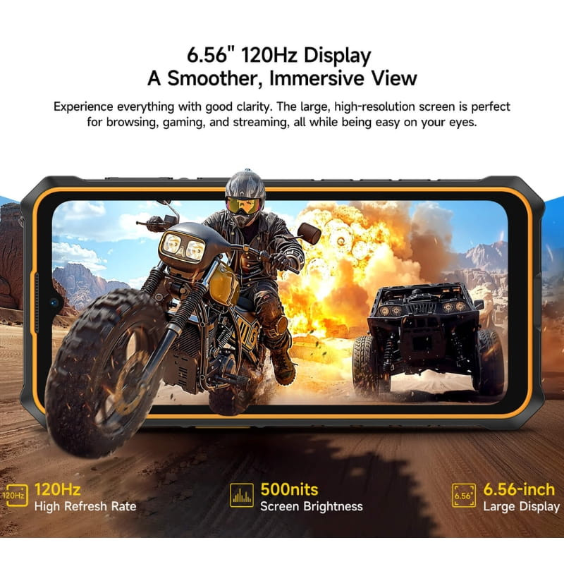 Ulefone RugKing 3 Pro noir, écran 6,56 pouces 120 Hz, bords renforcés orange, luminosité 500 nits, design robuste idéal pour usage extérieur et gaming